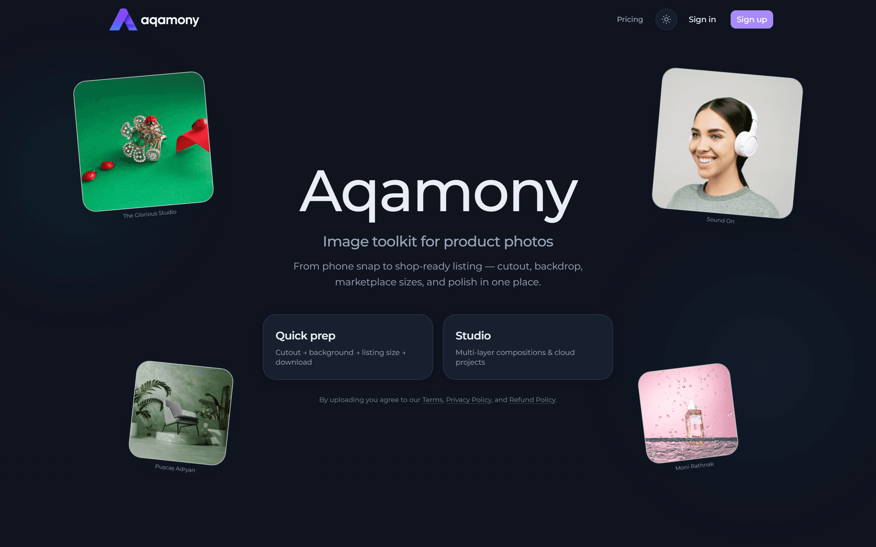 Aqamony landing page — image toolkit for product photos