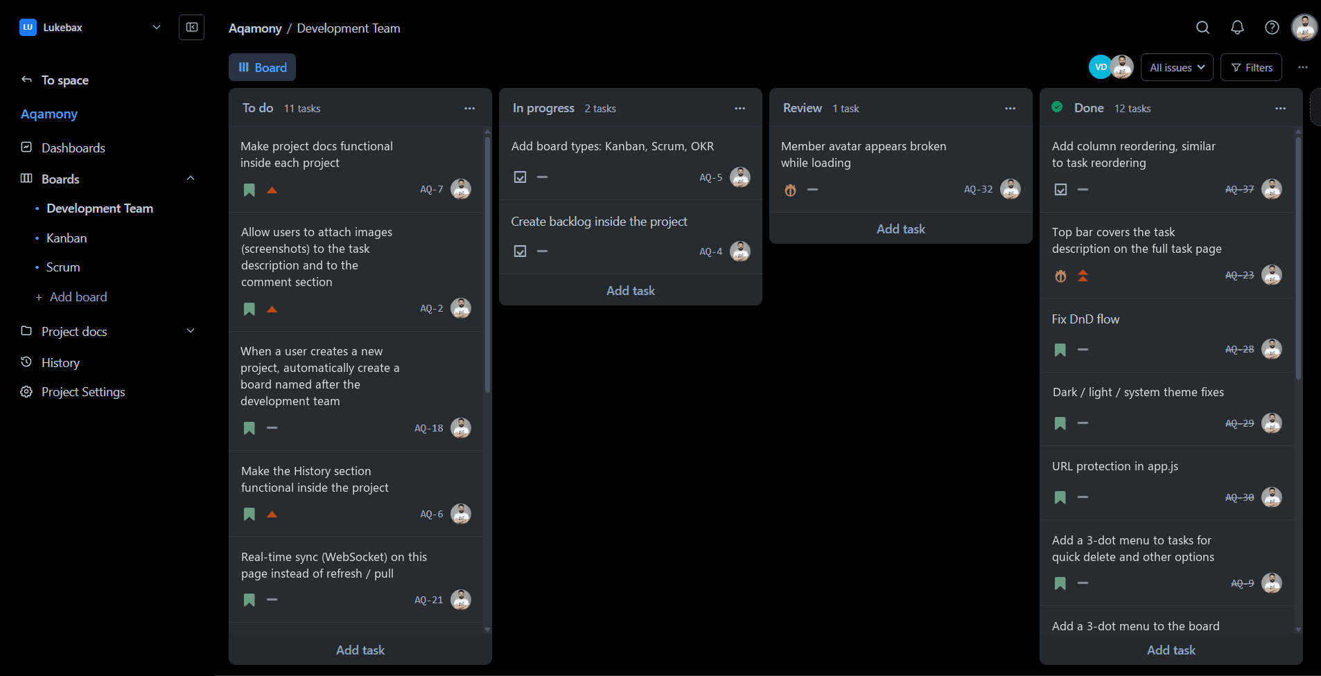 Task Platform Kanban board — To do, In progress, Review and Done columns
