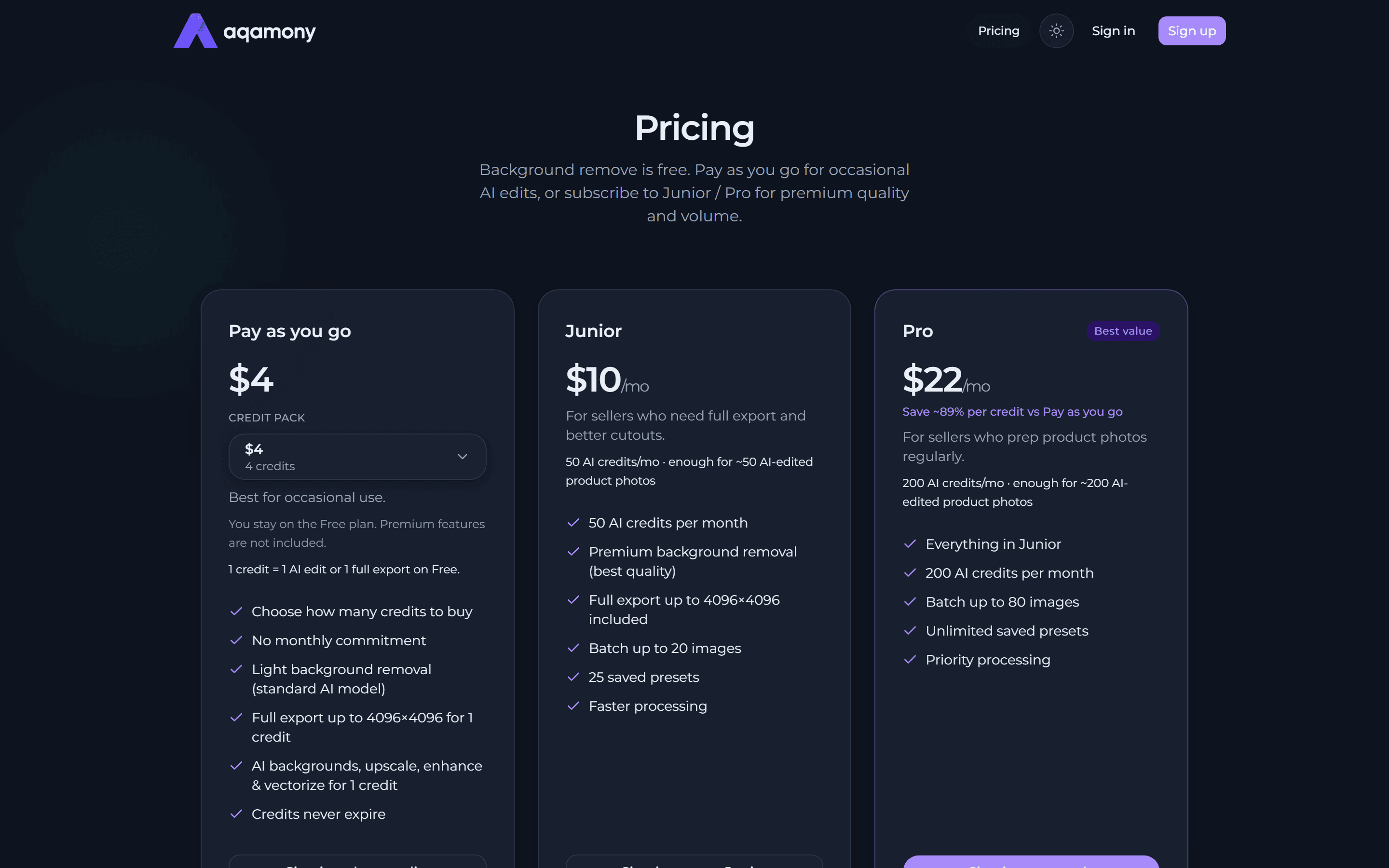 Aqamony pricing — pay as you go, Junior and Pro plans