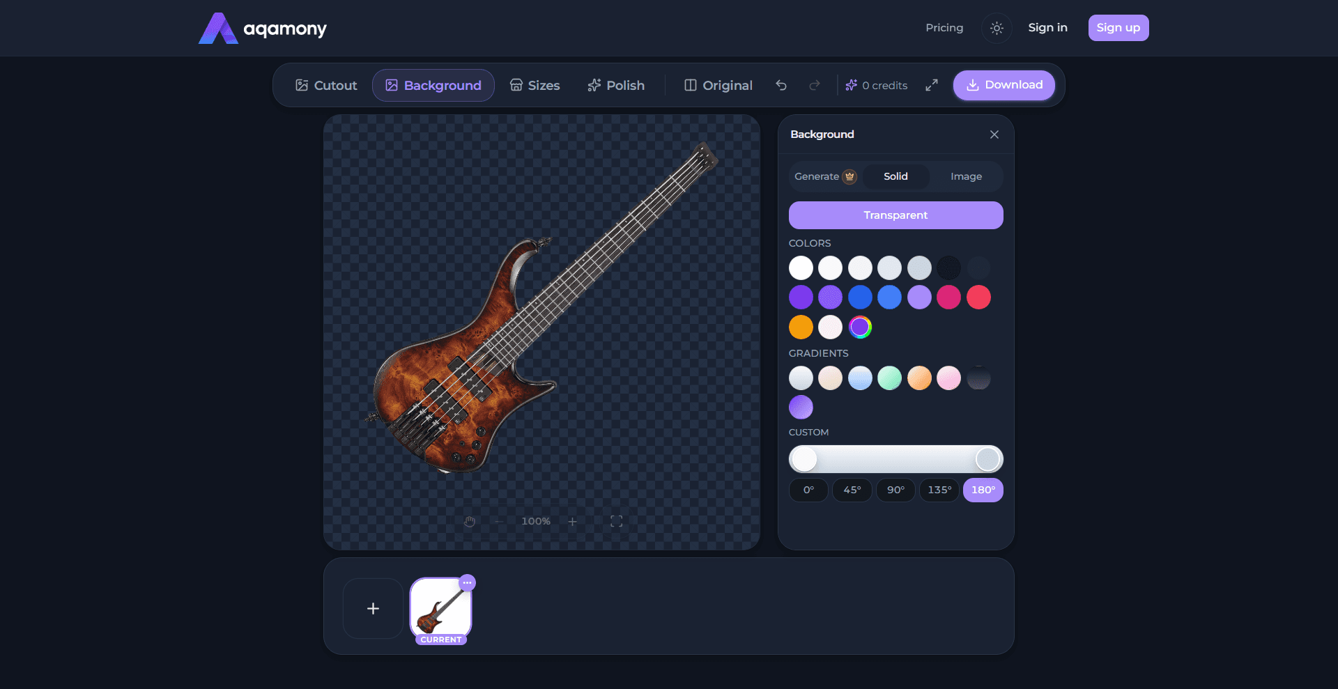 Aqamony Quick prep editor — cutout of a bass guitar with the background panel open