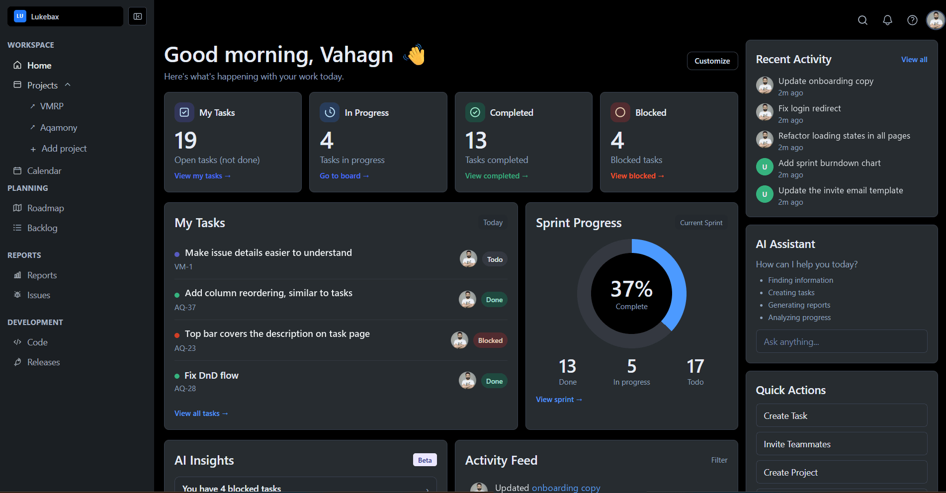 Task Platform home dashboard — task stats, sprint progress and recent activity