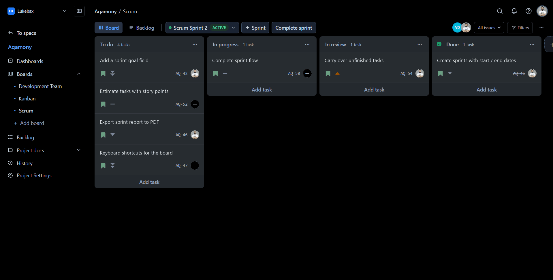 Task Platform Scrum board with an active sprint