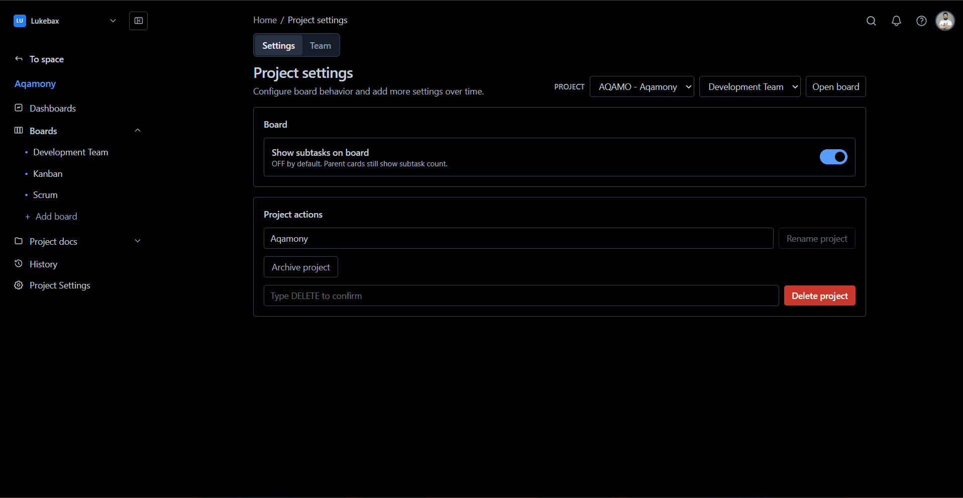 Task Platform project settings — board options, rename, archive and delete